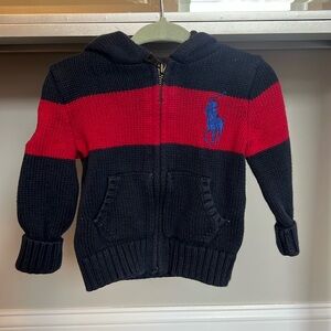 Ralph Lauren knit zip up hoodie. Navy/ red Size 12 months